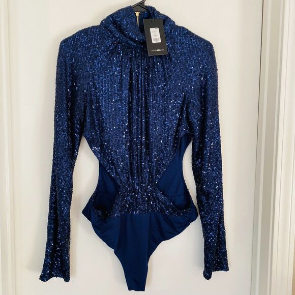 Fashion Nova Tops - NWT FASHION NOVA Blue A Special Night High Neck Cut-Out Party Bodysuit Size M